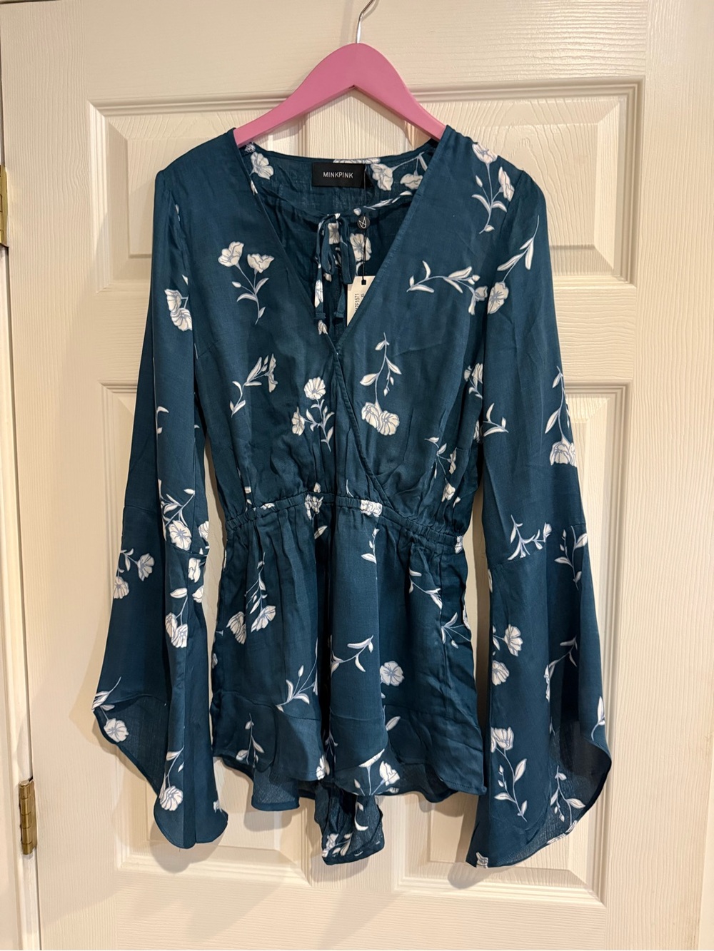 MINKPINK Teal Floral Tie-Neck Peplum Top